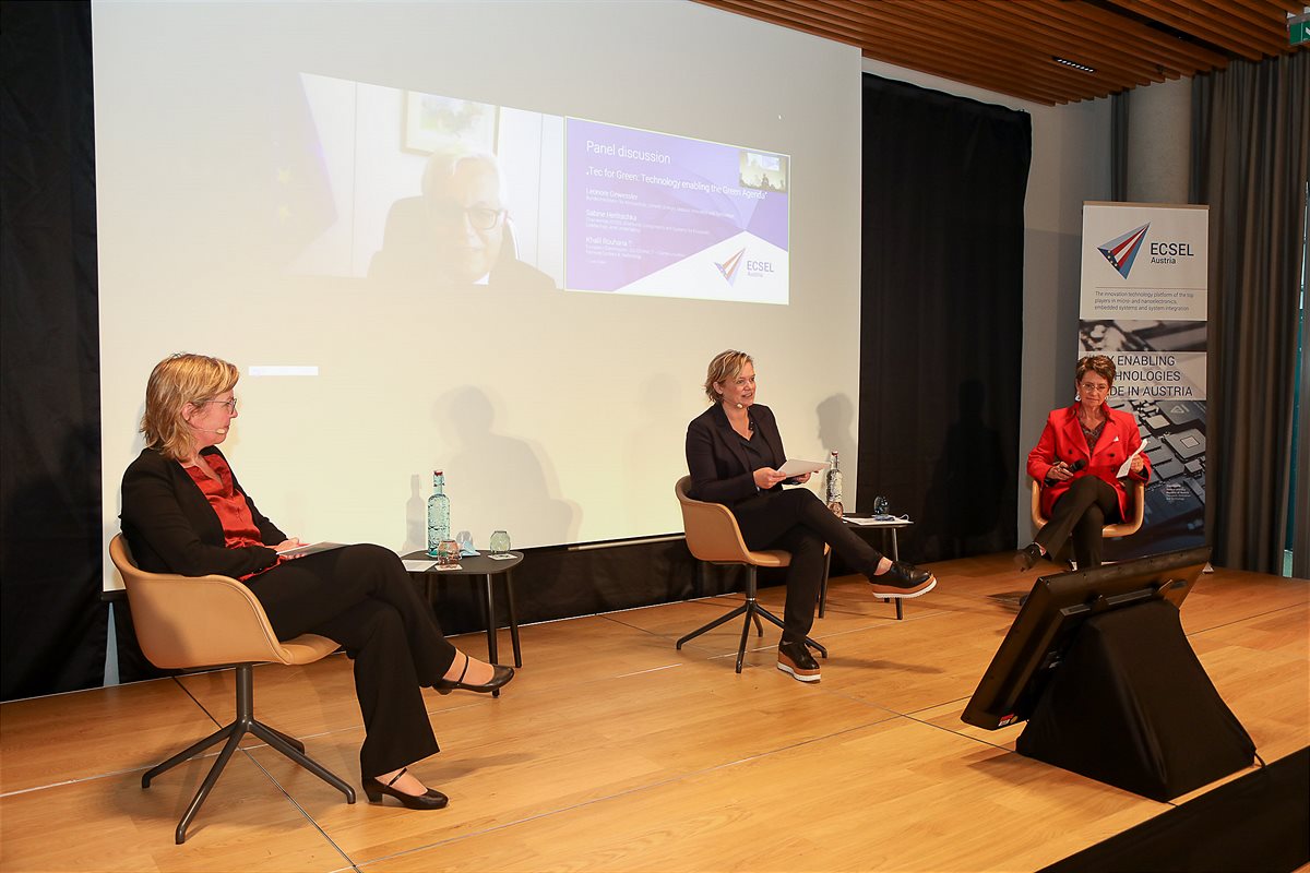 „Tec for Green: Technology enabling the Green Agenda“ mit Bundesministerin Leonore Gewessler, Sabine Herlitschka (Infineon Austria & ECSEL Joint Undertaking) und Khalil Rouhana (EU-Kommission)